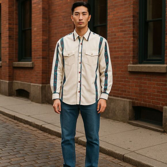 Wrangler Other - Vtg Wrangler Mens Long Sleeve Pearl Snap Western Shirt Cotton Ivory Navajo Sz XL